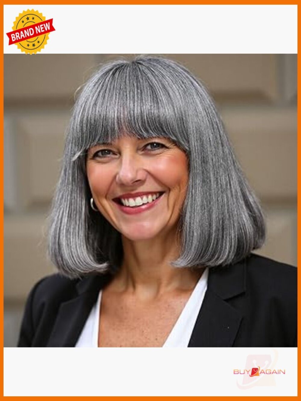Salt and Pepper Human Hair Bob Wig with Bangs Glueless Straight Short 10 Inch